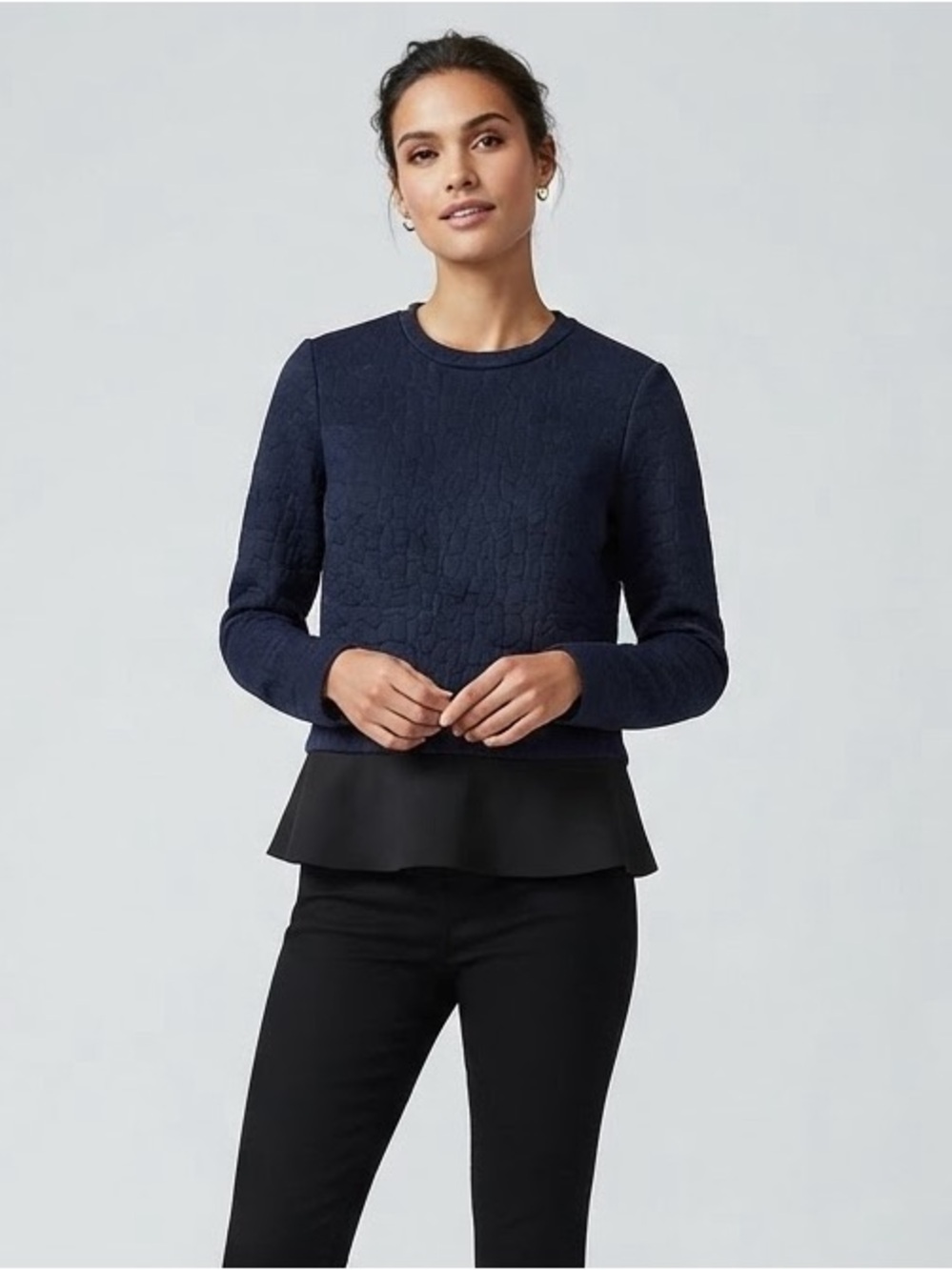 Tory Burch Structural Peplum Sweatshirt Dark Blue Textured Knit Small Fall Layer